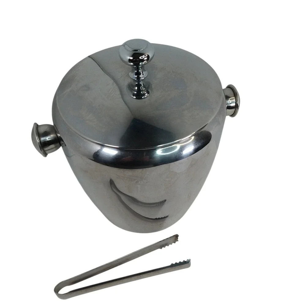 Vintage Stainless‎ Steel Ice Bucket Lidded With Tongs Mid Century Modern MCM